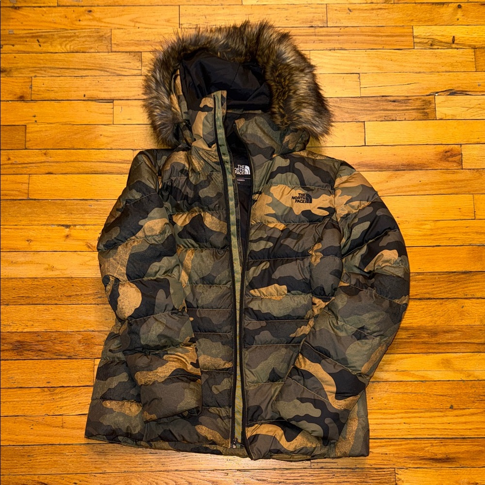 The North Face Camouflage Puffer Jacket with Faux Fur Hood